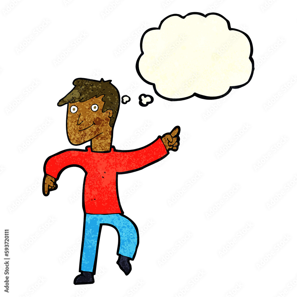 cartoon happy man pointing with thought bubble cartoon happy man pointing with thought bubble