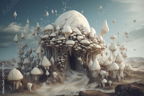 A surreal illustration of a distorted or manipulated natural object or formation, such as a mushroom or stalactite, Generative AI