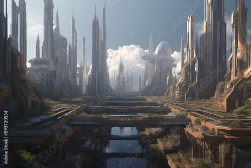 A futuristic cityscape with advanced climate control and environmental systems, Generative AI