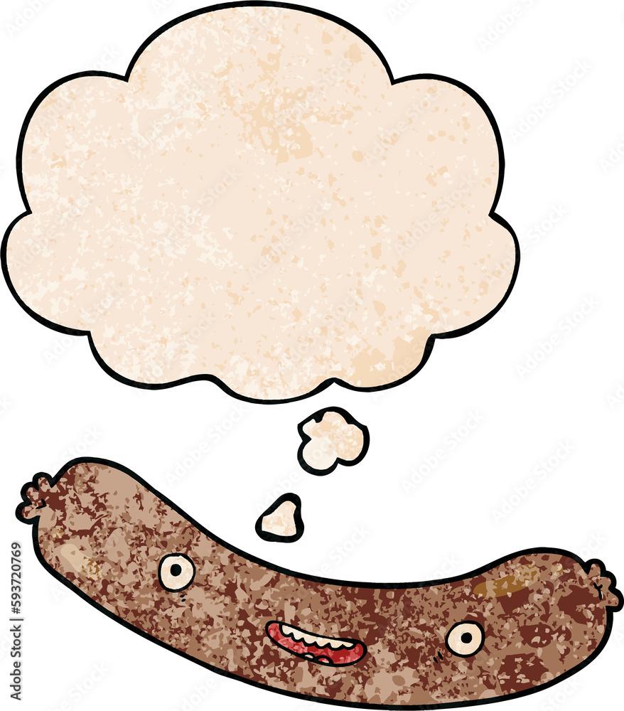 cartoon sausage and thought bubble in grunge texture pattern style