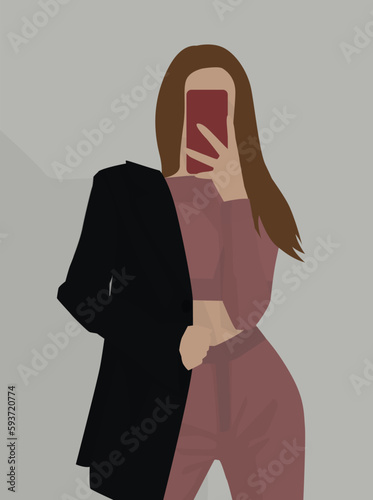 Vector flat image of a young fair-haired girl with shoulder-length hair. Lady in a jacket and suit. Design for avatars, posters, backgrounds, templates, banners, textiles, postcards.