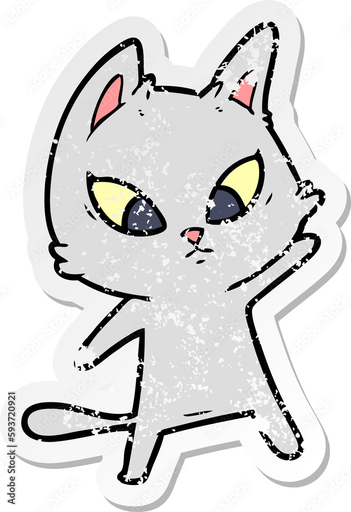 distressed sticker of a confused cartoon cat distressed sticker of a confused cartoon cat