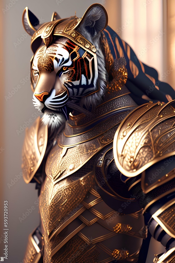 anthropomorphic majestic tiger knight, finely detailed armor, intricate filigree metal design, octane rendering - generative ai