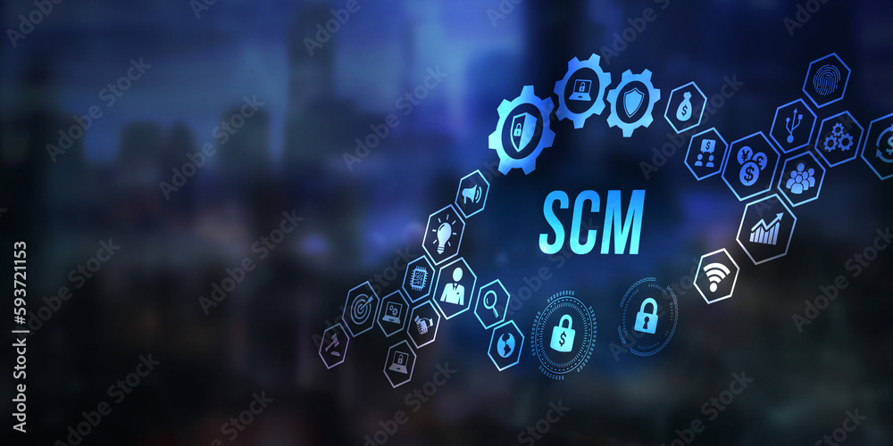Internet, business, Technology and network concept. SCM - Supply Chain Management. Supply Chain Management SCM. Aspects of Modern Company Logistics Processes. 3d illustration Internet, business, Technology and network concept. SCM - Supply Chain Management. Supply Chain Management SCM. Aspects of Modern Company Logistics Processes. 3d illustration
