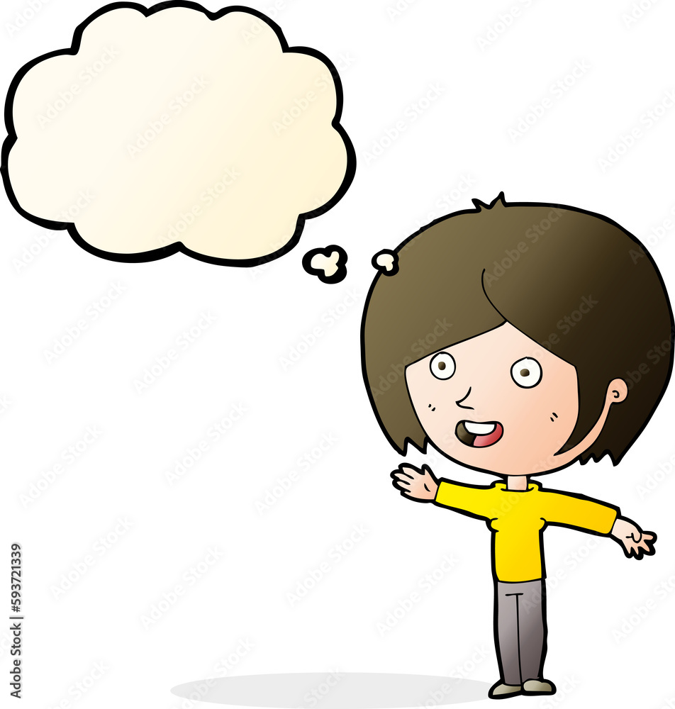 cartoon happy girl waving with thought bubble cartoon happy girl waving with thought bubble