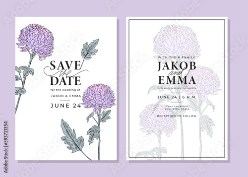 Set of wedding invitation cards. Templates with  purple chrysanthemum. Vintage botanical pattern with lilac flowers. Save the date. Layout design with retro illustration with outline