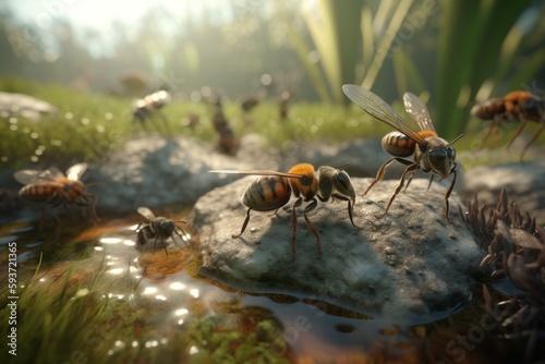 A detailed illustration of a group of insects, such as bees or ants, in their natural habitat, Generative AI © MANOEL