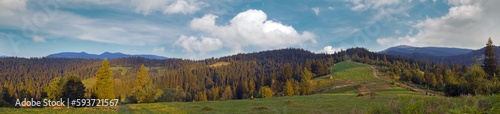 Summer panorama view on mountainous green pasture meadow (Slavske village, Carpathian Mts, Ukraine).