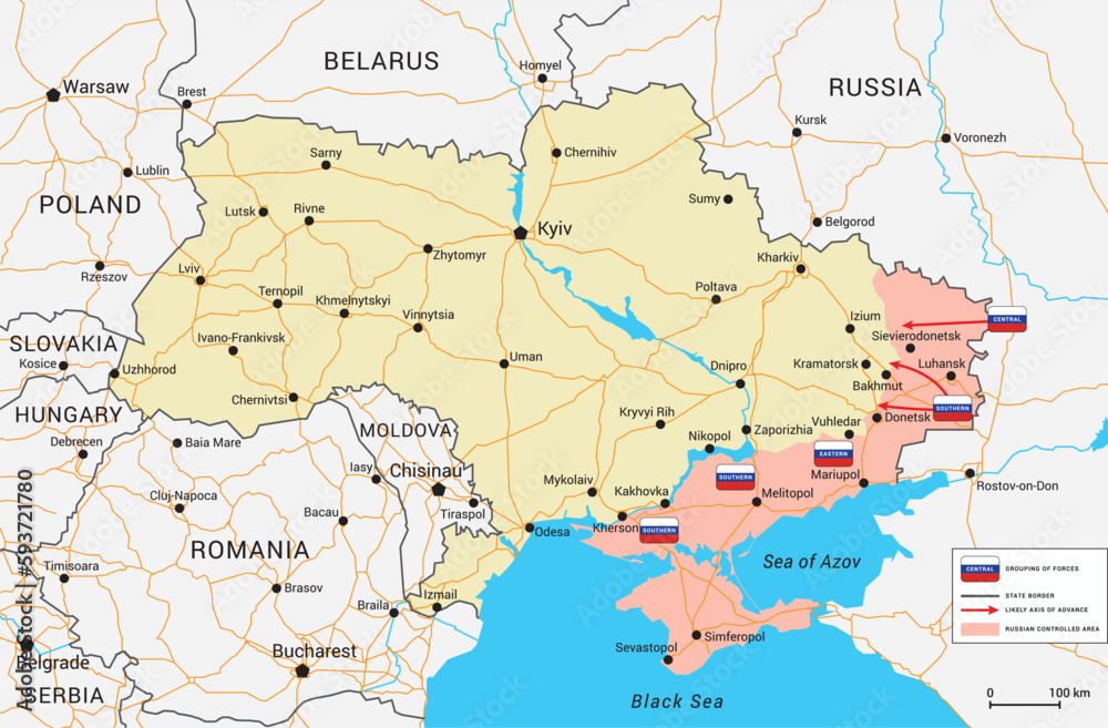 Russian invasion of Ukraine map. Vector map with occupied territory, cities and main roads. Status as of April 2023. Full editable map.