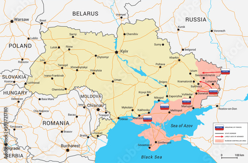 Russian invasion of Ukraine map. Vector map with occupied territory, cities and main roads. Status as of April 2023. Full editable map. photo