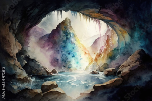 The inside of a cave with water looking out watercolor, Generative AI
