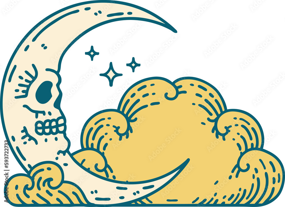 tattoo style icon of a skull crescent moon and clouds tattoo style icon of a skull crescent moon and clouds