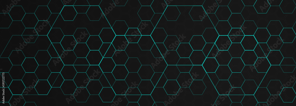 Abstract hexagon geometrical cyber tech metaverse digital web 3 horizontal dark banner template. Geometrical cyan blue neon sci fi design blank - obrazy, fototapety, plakaty 