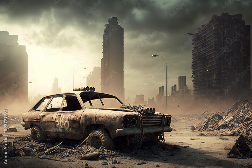 a car that is sitting in the dirt, destroyed city in the background, apocalyptic art 