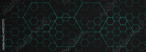 Abstract hexagon geometrical cyber tech metaverse digital web 3 horizontal dark banner template. Geometrical cyan blue neon sci fi design blank