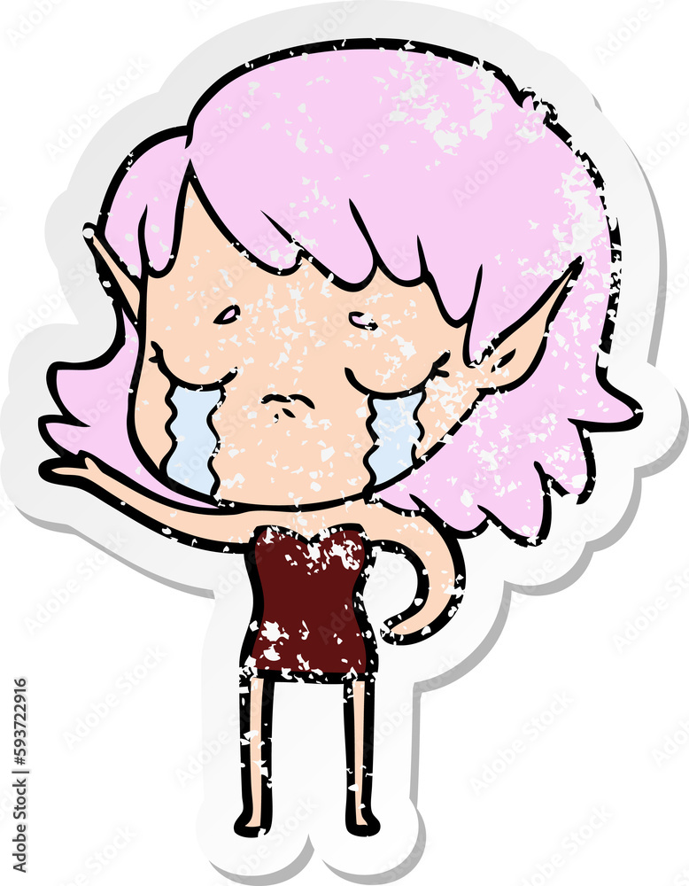 distressed sticker of a cartoon crying elf girl distressed sticker of a cartoon crying elf girl