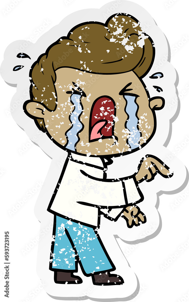 distressed sticker of a cartoon crying man distressed sticker of a cartoon crying man