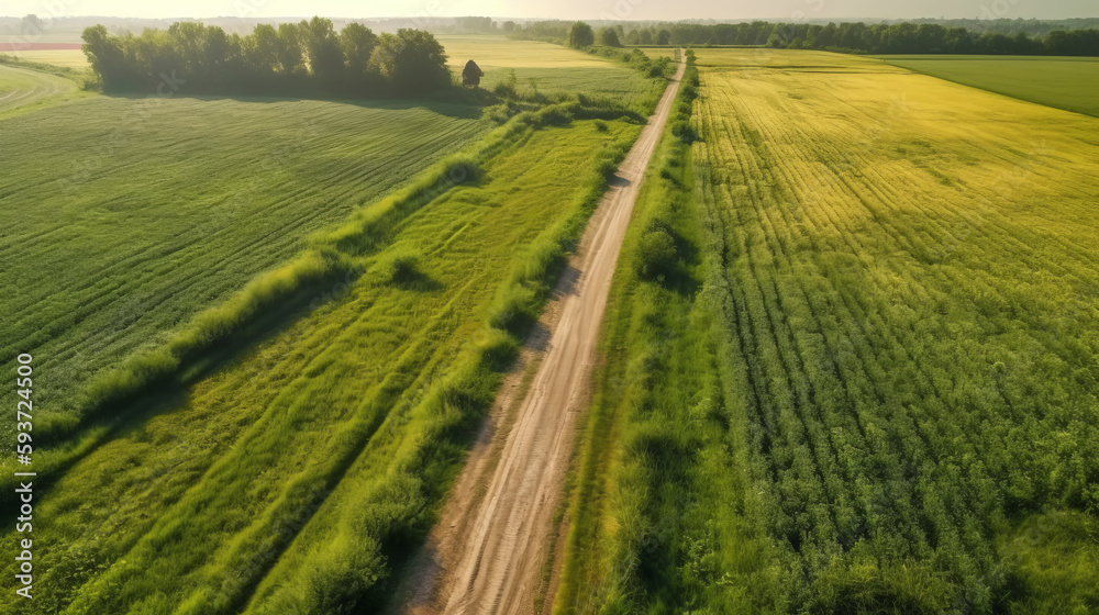 Aerial image of a dirt road near a farm. AI generated