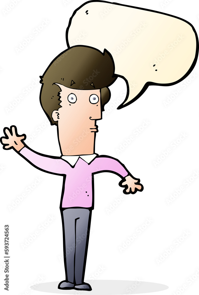 cartoon nervous man waving with speech bubble