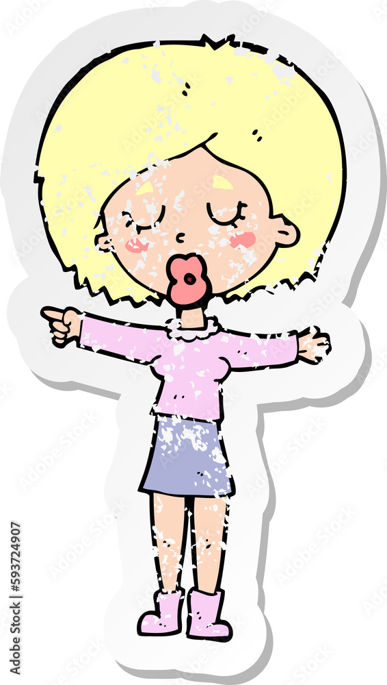 retro distressed sticker of a cartoon pointing woman retro distressed sticker of a cartoon pointing woman