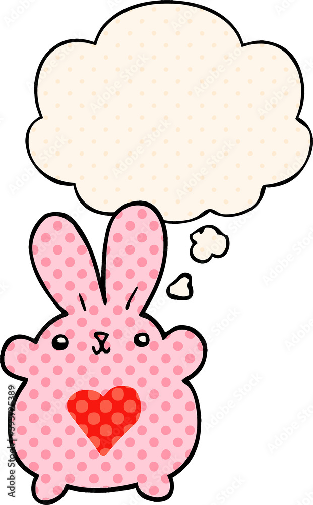 Obraz premium cute cartoon rabbit with love heart and thought bubble in comic book style