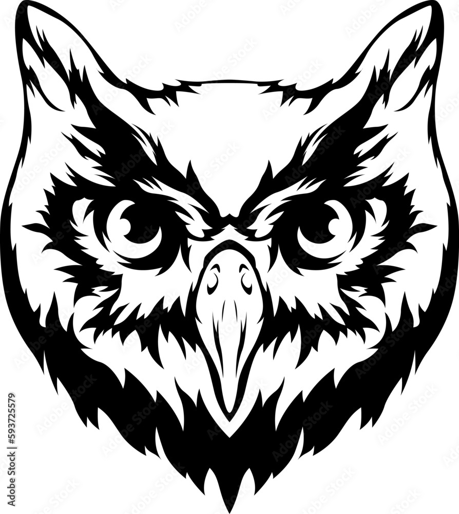 Owl isolated illustration. Black color on white background image. Wild bird design tattoo. Owl isolated illustration. Black color on white background image. Wild bird design tattoo.
