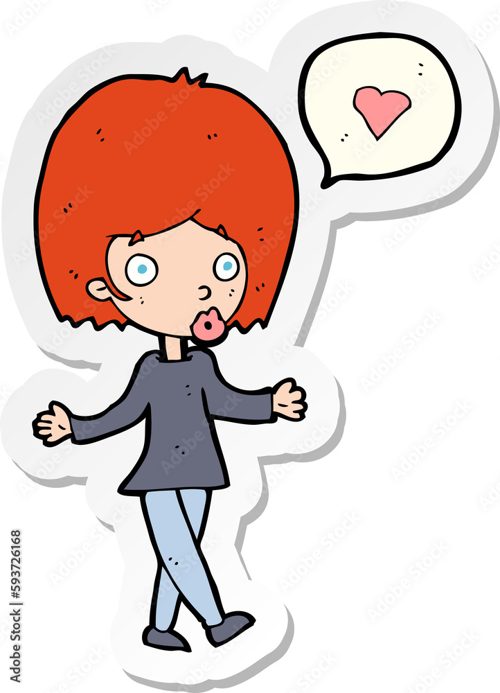 sticker of a cartoon woman in love shrugging shoulders sticker of a cartoon woman in love shrugging shoulders