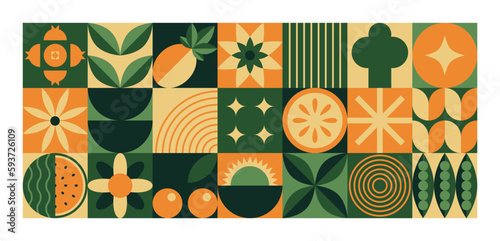 Abstract geometric food pattern. Minimal natural vegetable fruits plants simple shapes, agriculture concept. Vector banner
