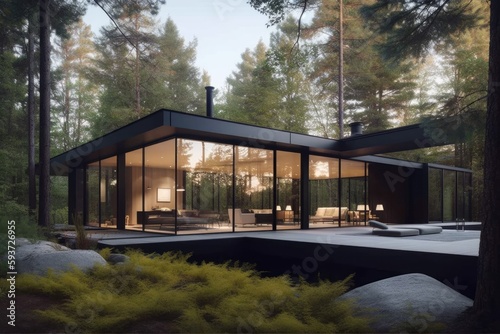 Architecture design idea - contemporary glass-walled luxury residential retreat in a forest oasis - Generative AI