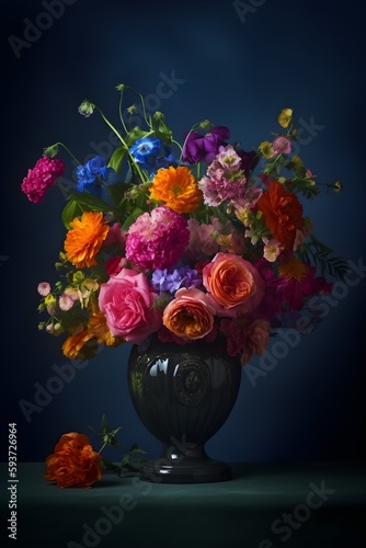 A bouquet of vibrant, colorful flowers in a beautiful vase. Dark blue background. Generative AI. © Mark
