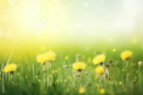 Beautiful meadow field with fresh grass and yellow dandelion flowers against sky. Summer spring perfect natural landscape. 