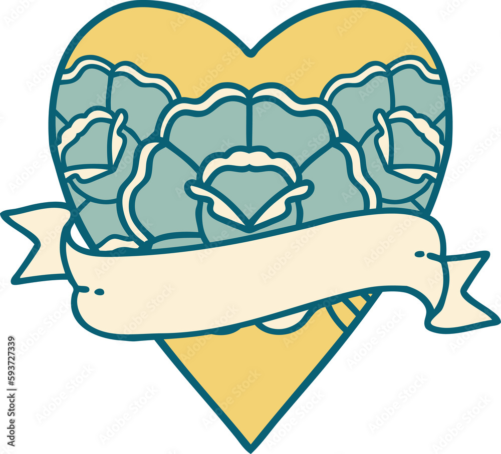 tattoo style icon of a heart and banner with flowers tattoo style icon of a heart and banner with flowers