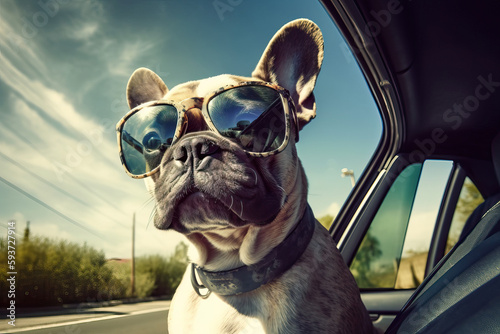 Happy Dog Wearing Sunglasses and Enjoying a Car Ride on Sunny Day Trip, Generative AI