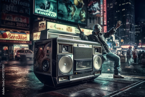 A Break Dancer with a giant ghettoblaster by night at the Times Square at New York City