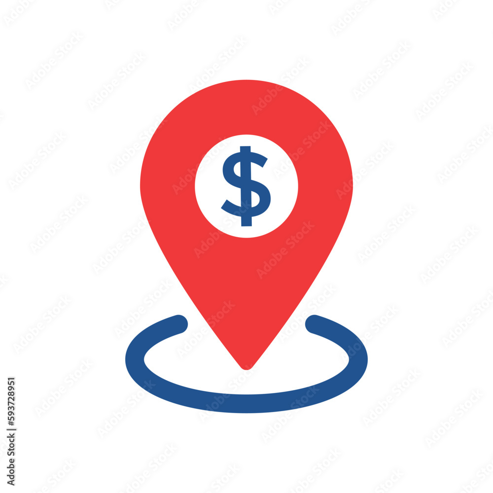 dollar sign with red pinpoint like money point. flat simple trend modern minimal dolar logotype graphic design web element isolated on white. concept of bank address badge or atm location finding mark dollar sign with red pinpoint like money point. flat simple trend modern minimal dolar logotype graphic design web element isolated on white. concept of bank address badge or atm location finding mark