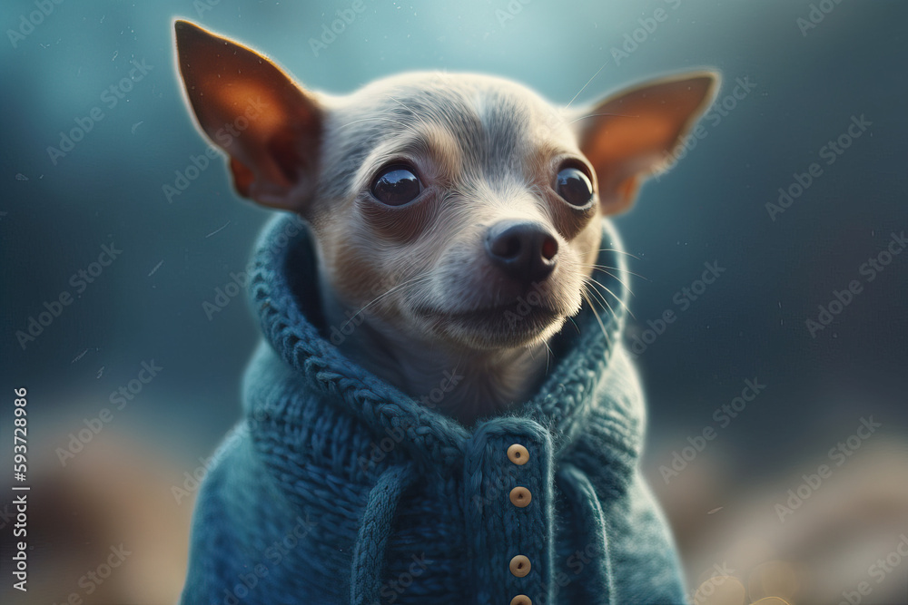 Cute chihuahua puppy wearing a blue sweater, Generative AI