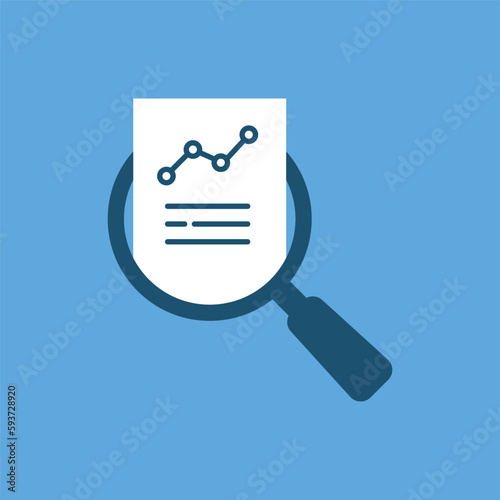 result monitoring like cartoon review with magnifier icon. concept of key performance indicator or business visualisation. flat style trend graphic design budget logotype web element isolated on blue