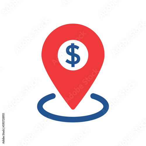 dollar sign with red pinpoint like money point. flat simple trend modern minimal dolar logotype graphic design web element isolated on white. concept of bank address badge or atm location finding mark