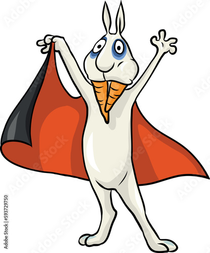 Cartoon Illusrtation von einem Hasen im Kostüm mit rotem Umhang verkleidet als Vampir zu Fasching und Karneval	