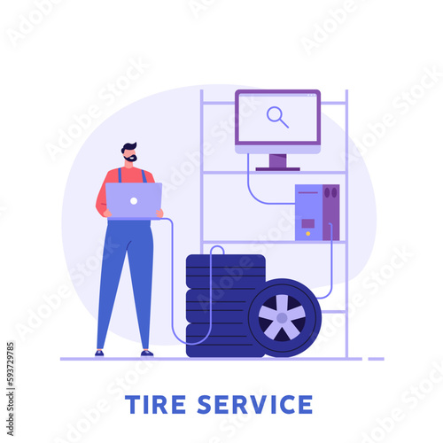 Tire service illustration. Professional mechanics change wheels and tires. Concept of tire fitting, car repair service, wheels replacement, tyre service. Vector flat cartoon design for web banners