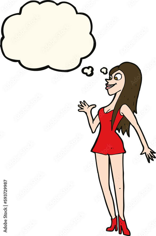 cartoon woman in pink dress with thought bubble cartoon woman in pink dress with thought bubble
