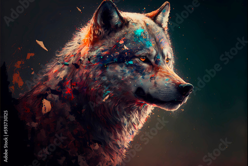 Colored wild creative wolf. AI generation