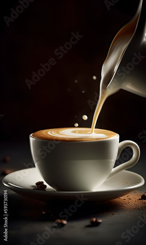 Coffee cup with milk poured in, art latte, highly detailed shot, espresso, cappuccino, low key, studio light, generative ai
