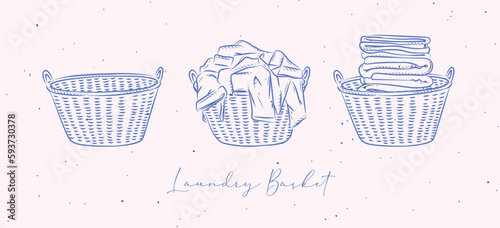 Laundry baskets empty, with dirty and clean clothes drawing in graphic style on peach background