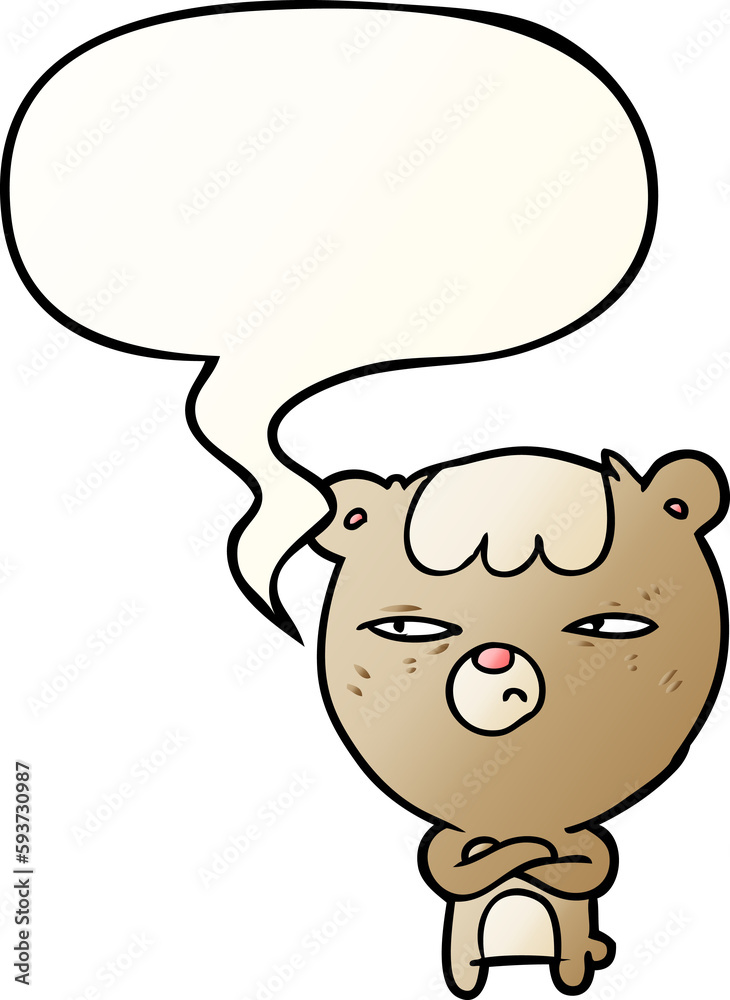 cartoon annoyed bear and arms crossed and speech bubble in smooth gradient style