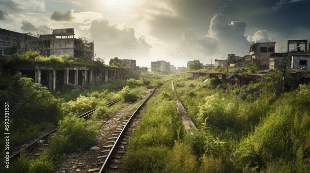 Abandoned city. Aftermath of an ecological catastrophe, with nature struggling to reclaim a polluted wasteland. Include the remains of human infrastructure. Generative AI