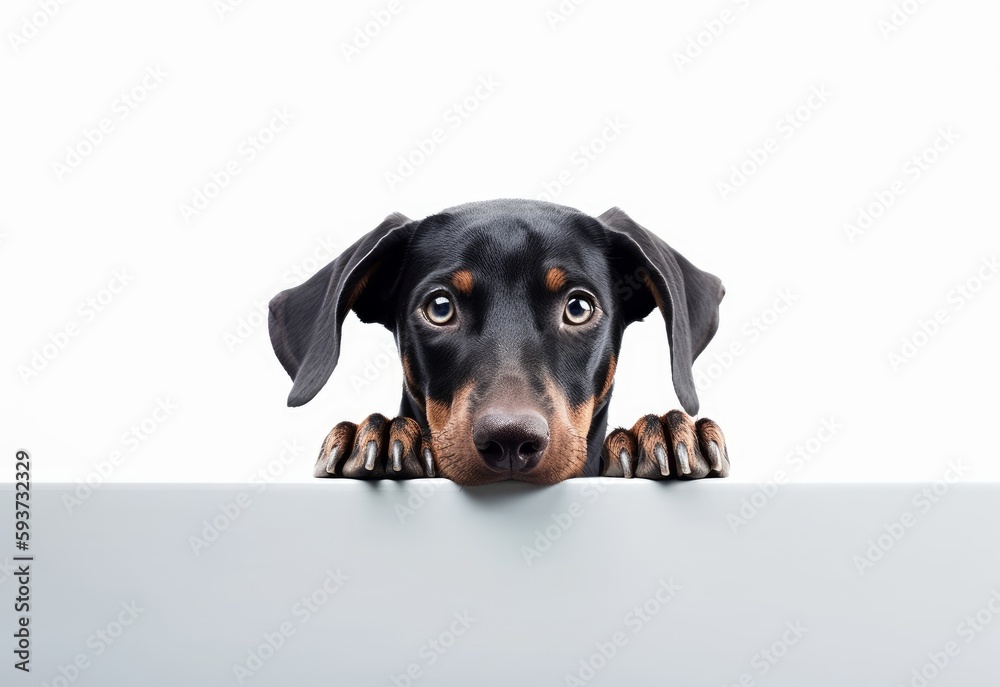 Adorable Doberman Pinscher Puppy Peeking Out from Behind White Table with Copy Space, Isolated on White Background. Generative AI.