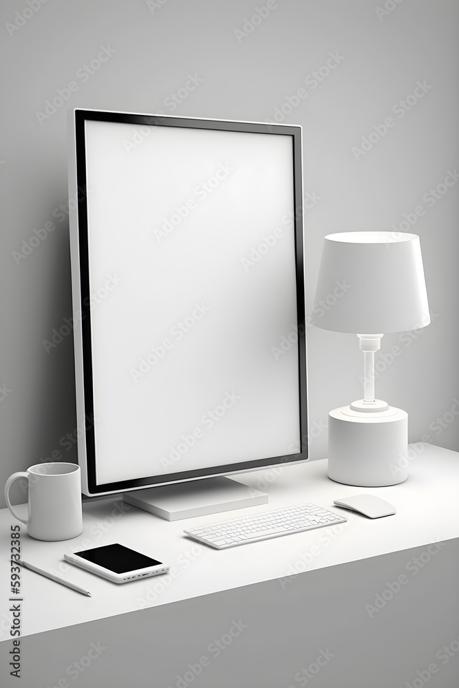 A horizontal white frame mockup standing on a white desk, with a laptop, notebook, and other office supplies nearby.

