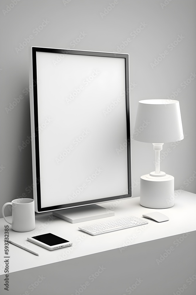 A horizontal white frame mockup standing on a white desk, with a laptop, notebook, and other office supplies nearby.
A horizontal white frame mockup standing on a white desk, with a laptop, notebook, and other office supplies nearby.
