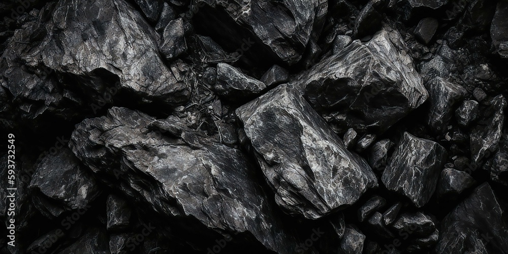 Black white stone texture. Rock surface. Close - up view. Like a old rough concrete wall. Dark gray grunge background with space for design. Template. Backdrop. Wide banner. Generative AI
